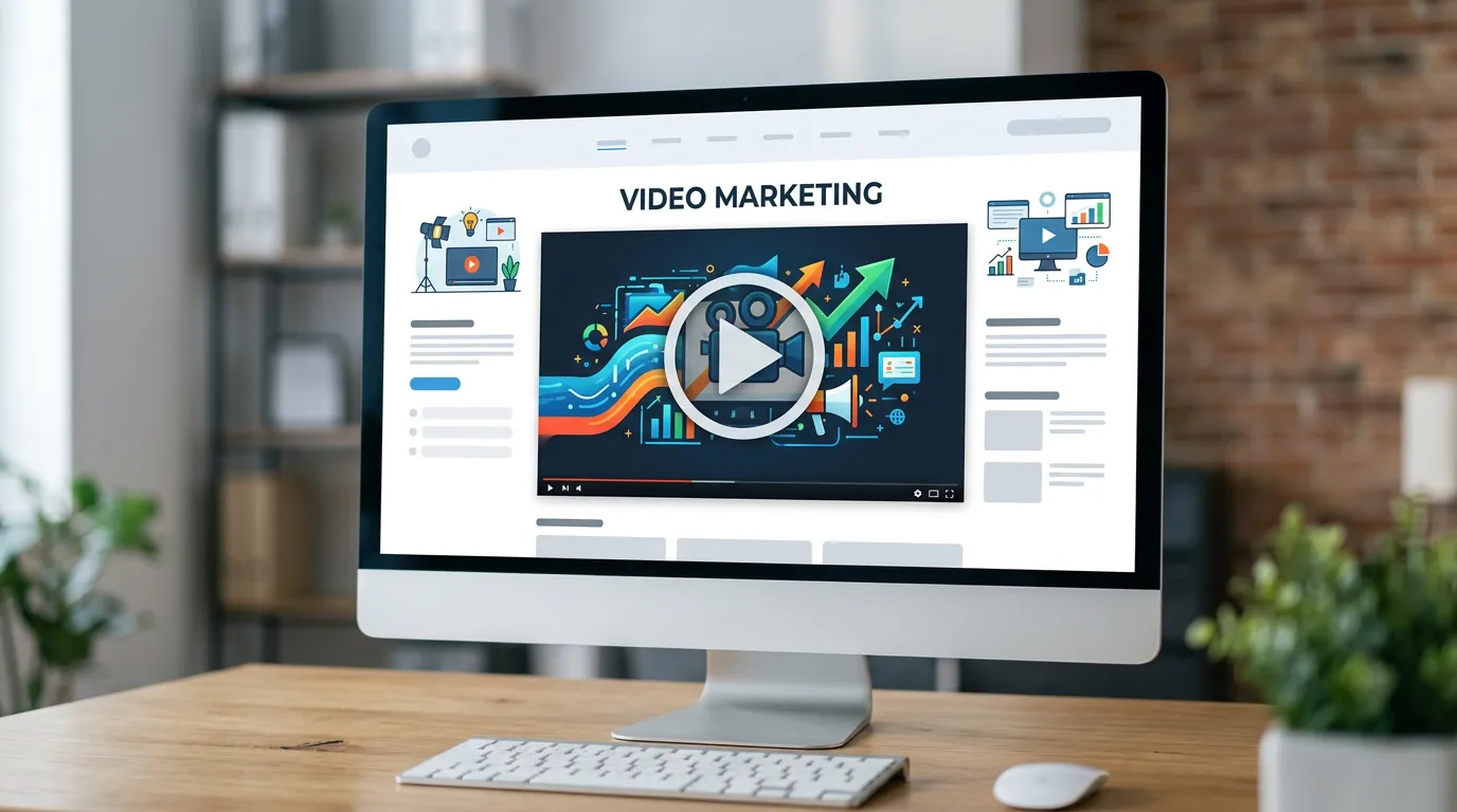 Video content on website: computer screen displaying a webpage with embedded video player and play button, showing video marketing concept, modern digital interface