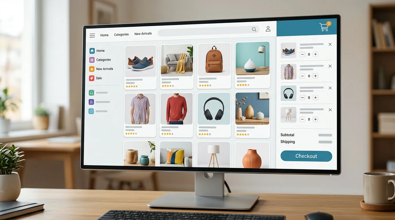 E-commerce shopping interface: computer monitor displaying an online store product catalog with shopping cart, product images, and checkout interface, modern web design